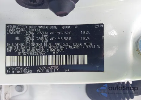 2019 Toyota Highlander Limited z USA, uszkodzony, nr VIN 5TDDZRFH3KS970241